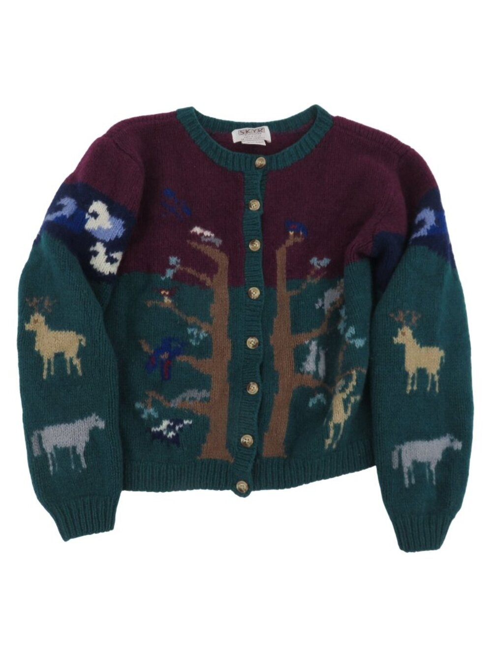 VTG Skyr Sportwear Womens 38 Shetland Wool Animal Tree Knit Cardigan Sweater